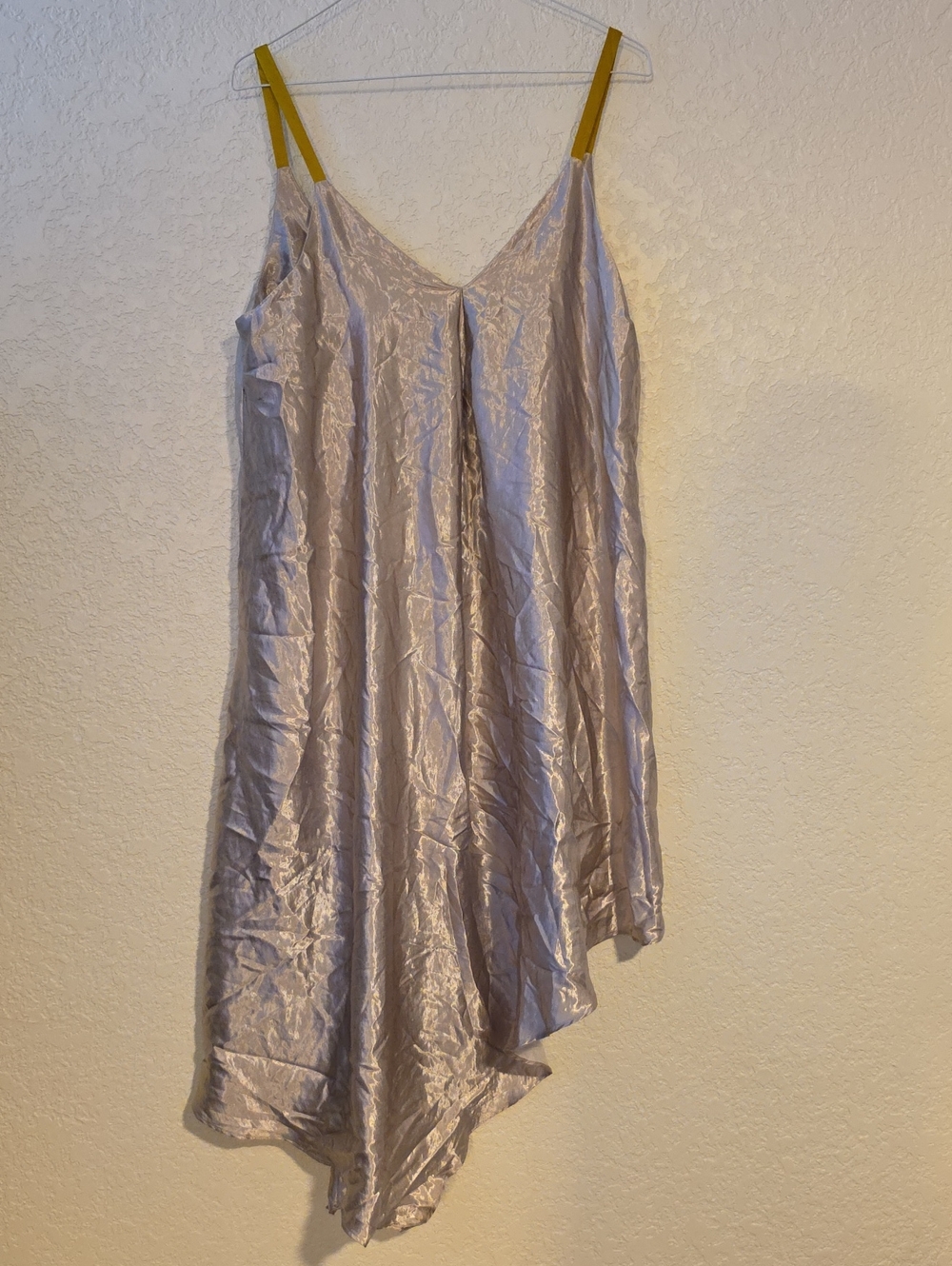 Anthropologie Silver Slip Dress with Asymmetrical Hem and Mustard Straps